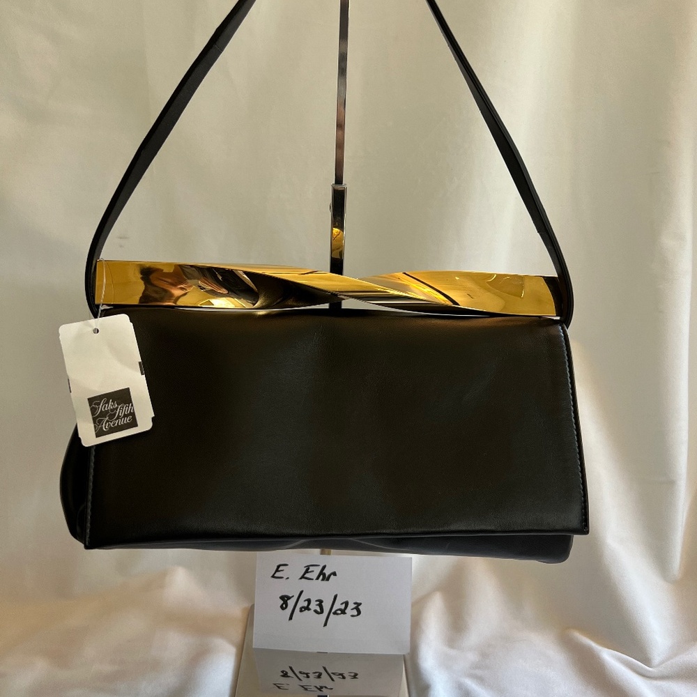 NWT Aquazzura Twist Handle Black Leather Clutch.